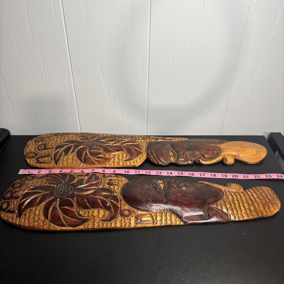 Hand Carved Wooden Wood Tribal Art Smoking No Problem Faces Set Of 2 Tiki Decor - Picture 9 of 9
